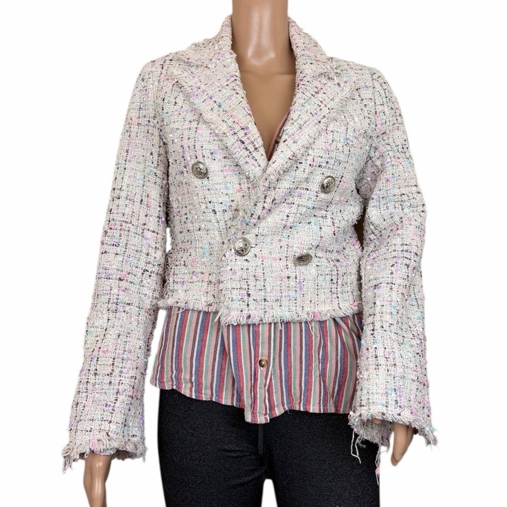 Aqua Tweed Cropped Jacket Metallic Pastel Fringe